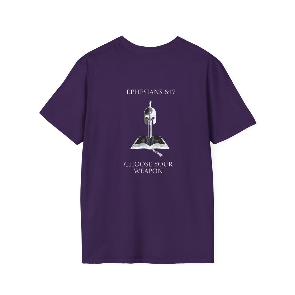 Ephesians 6:17 Choose Your Weapon Tee | Bible Armor Helmet & Sword