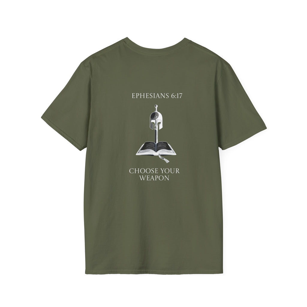 Ephesians 6:17 Choose Your Weapon Tee | Bible Armor Helmet & Sword