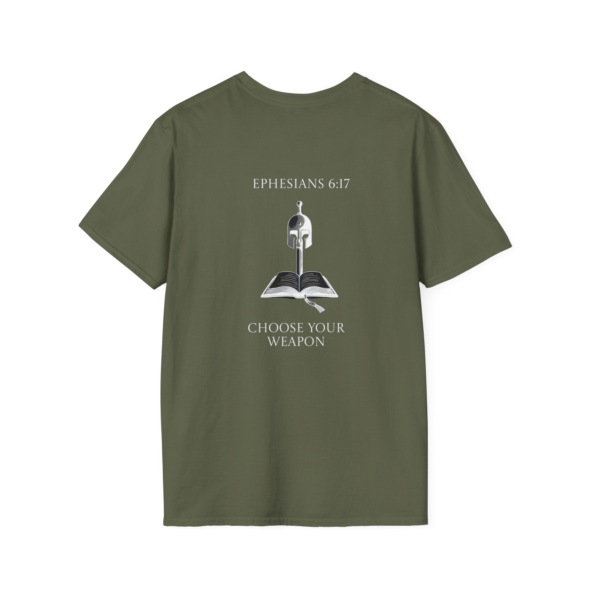 Ephesians 6:17 Choose Your Weapon Tee | Bible Armor Helmet & Sword