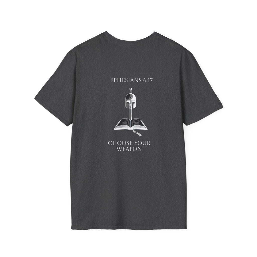 Ephesians 6:17 Choose Your Weapon Tee | Bible Armor Helmet & Sword