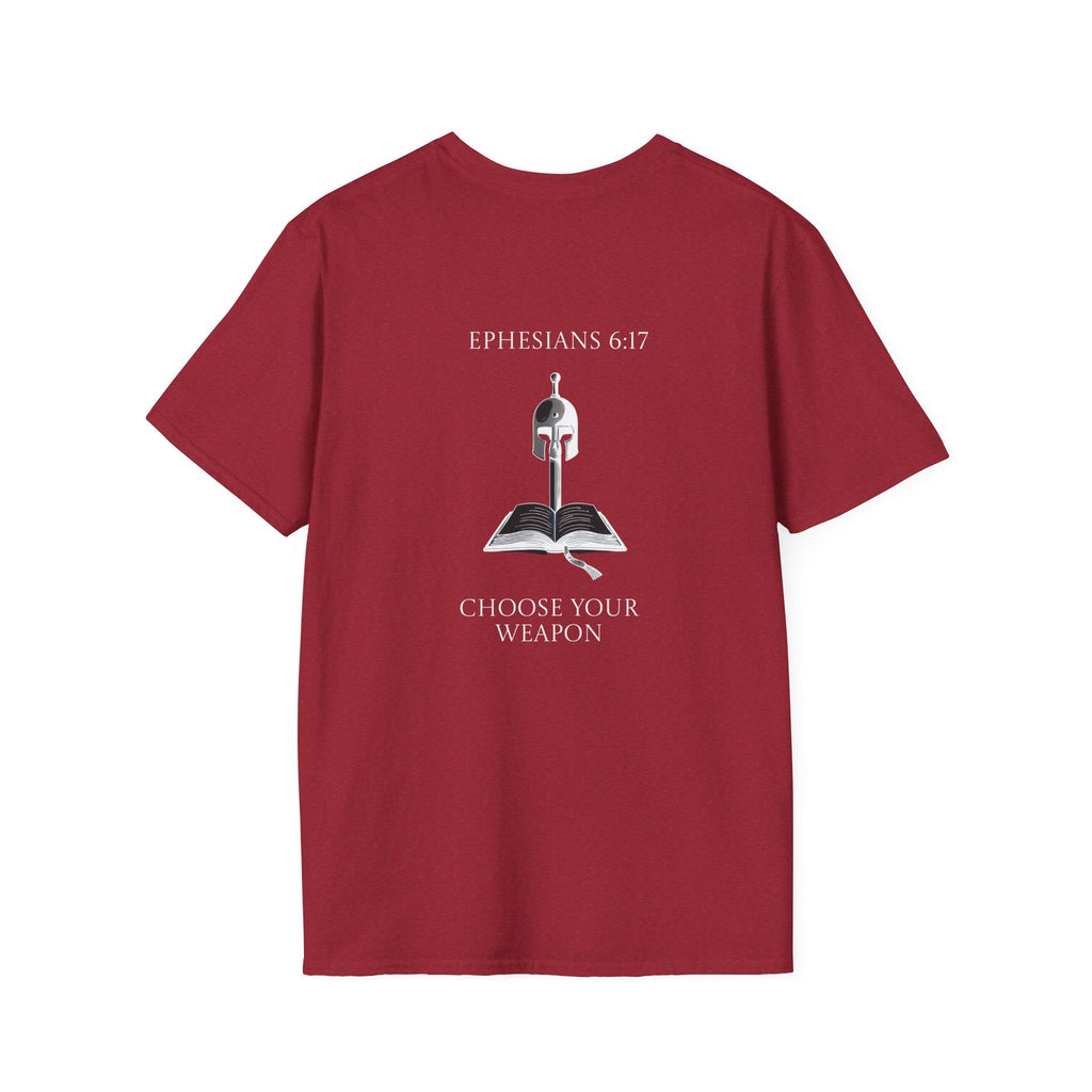 Ephesians 6:17 Choose Your Weapon Tee | Bible Armor Helmet & Sword