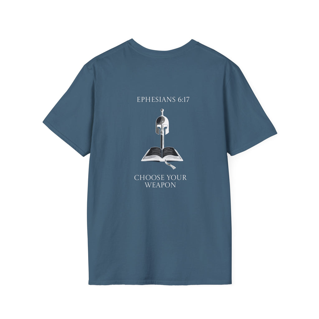 Ephesians 6:17 Choose Your Weapon Tee | Bible Armor Helmet & Sword